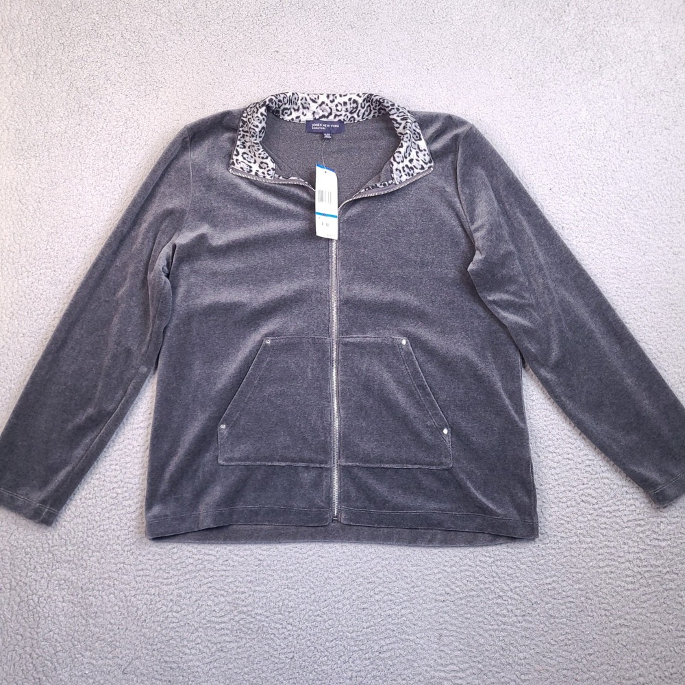 Jones New York Signature Womens XL Velour Zip Up Jacket Grey Leopard Trim NWT